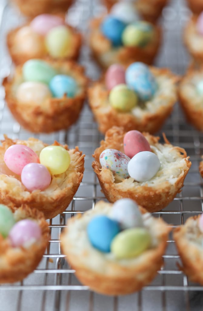 Easter coconut macaroons topped with candy eggs