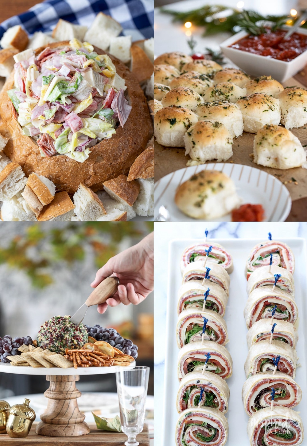 a collage of four crowd pleasing appetizer recipes.