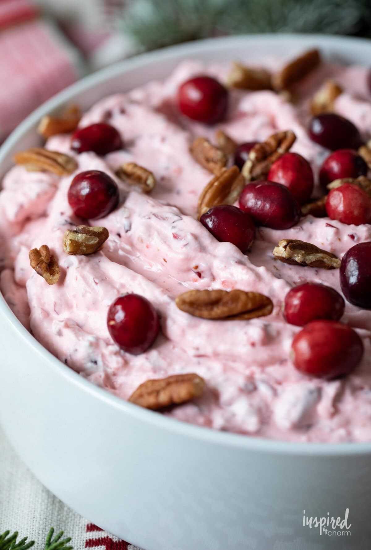 cranberry fluff salad in a bowl. 
