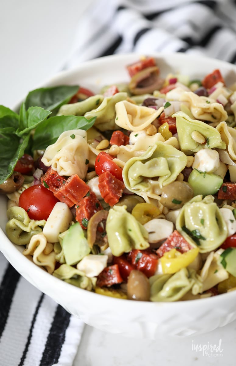 Delicious Tortellini Pasta Salad in a bowl.