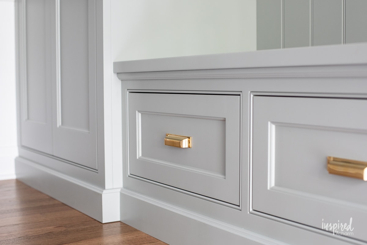 Entryway Cabinetry and Bench Reveal - Farrow and Ball Pigeon #entryway #cabinets #cabinetry #entrywaybench #custom