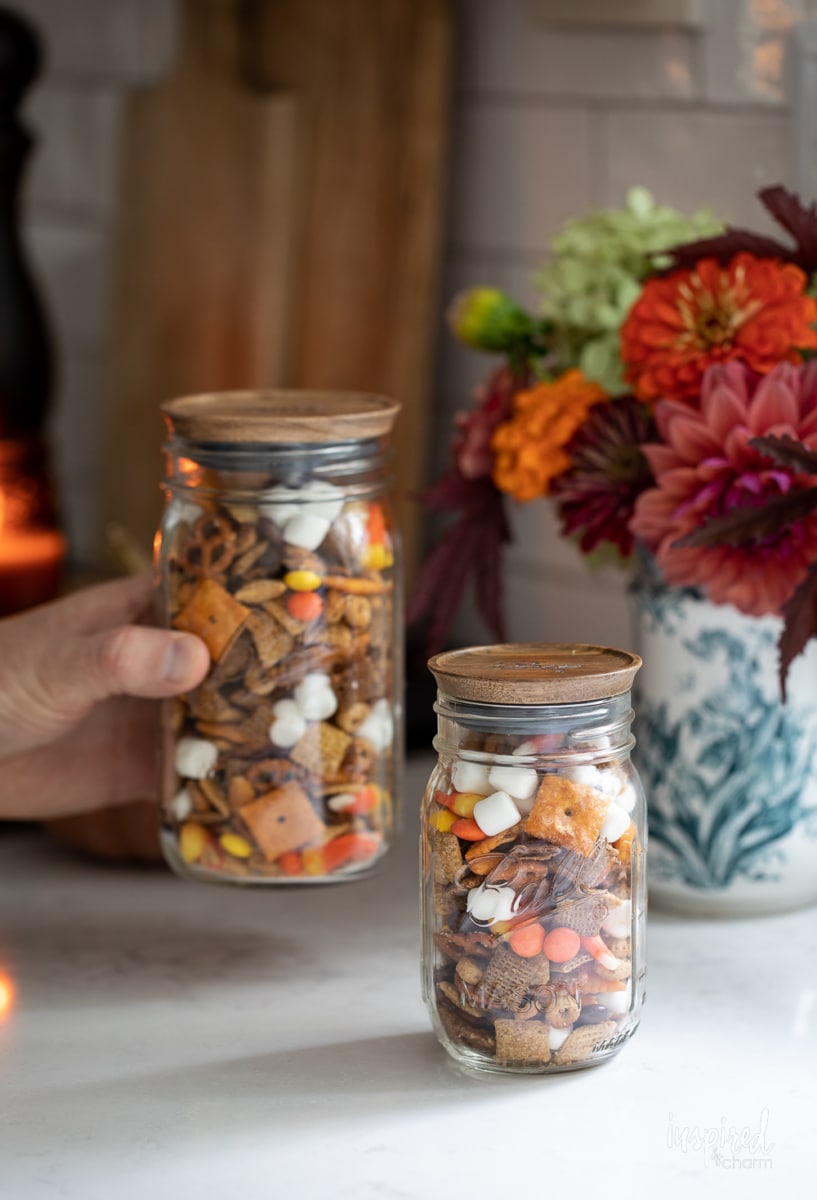 Sweet and Salty Fall Snack Mix in jars.