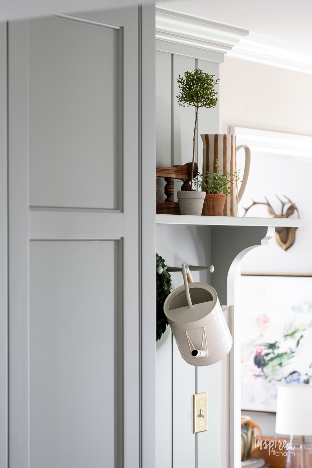 farrow and ball pigeon painted on shelves and bead board