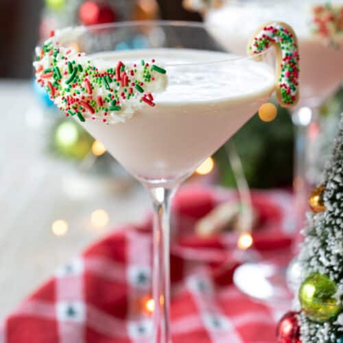 sugar cookie martini for Christmas in a festive glass.