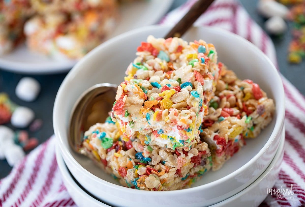 Fruity Pebbles Rice Krispies Treats in a bowl