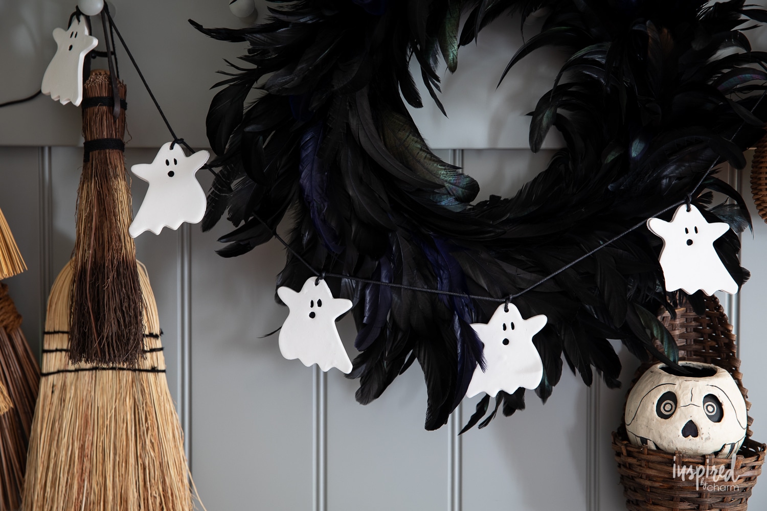 halloween garland strung with white ghosts.