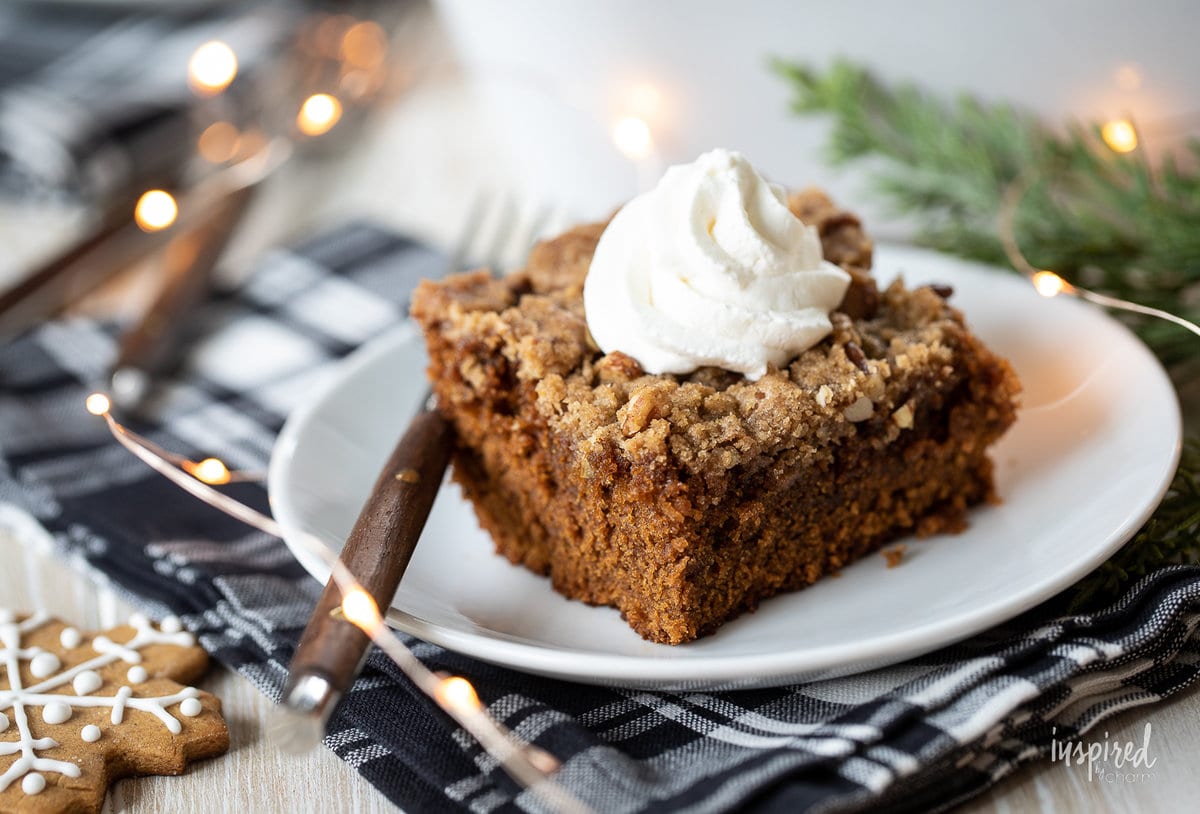 slice of gingerbread cake on a plate.