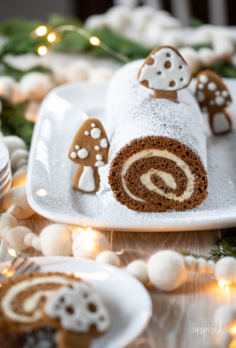 Gingerbread Swiss Cake Roll on a platter.