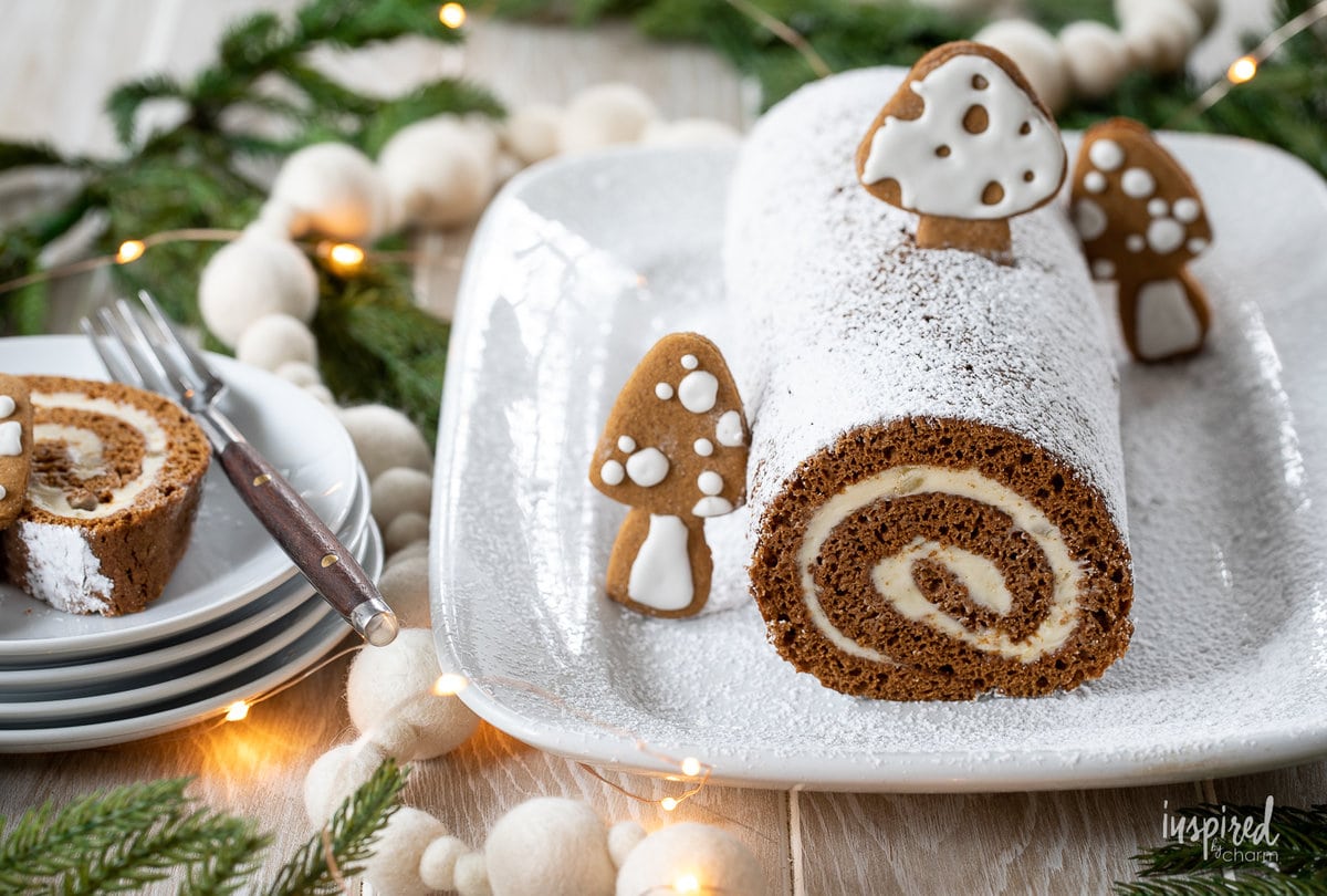 Gingerbread Swiss Cake Roll on a platter.