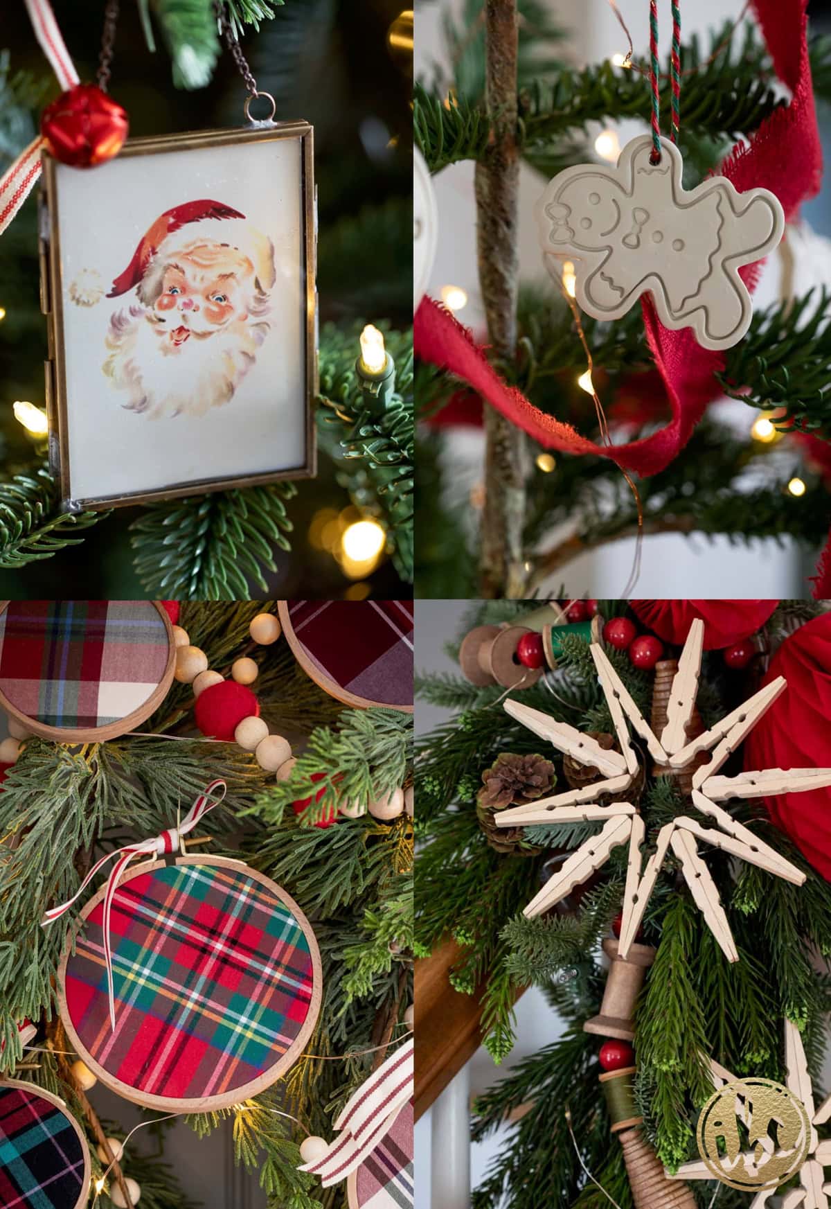 a collection of handmade christmas ornaments on festive greens.