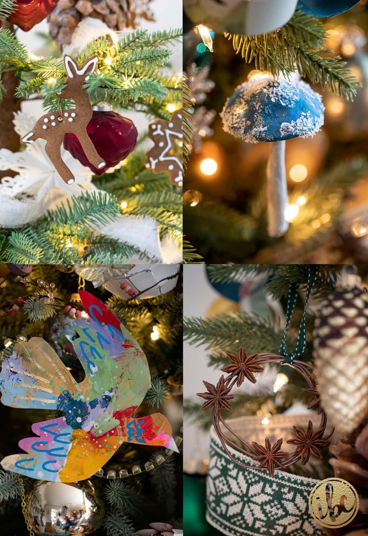 unique handmade christmas ornaments hung on a tree. 