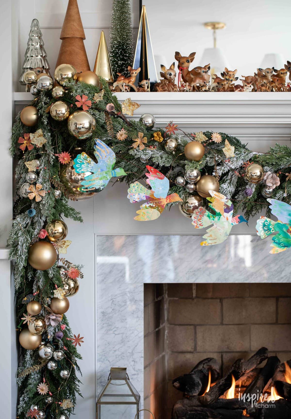 fireplace mantel with Christmas decorations.
