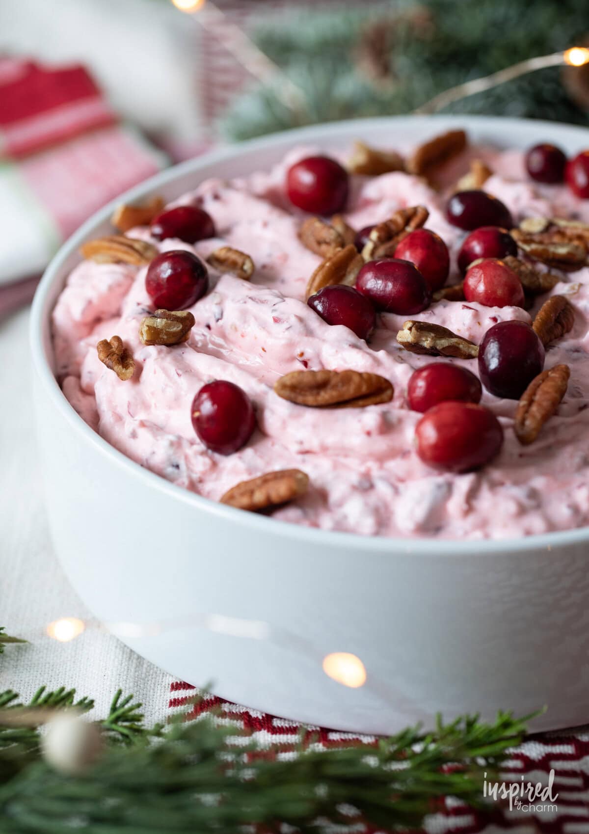 Cranberry Fluff Salad in a bowl garnished with cranberries and pecans.