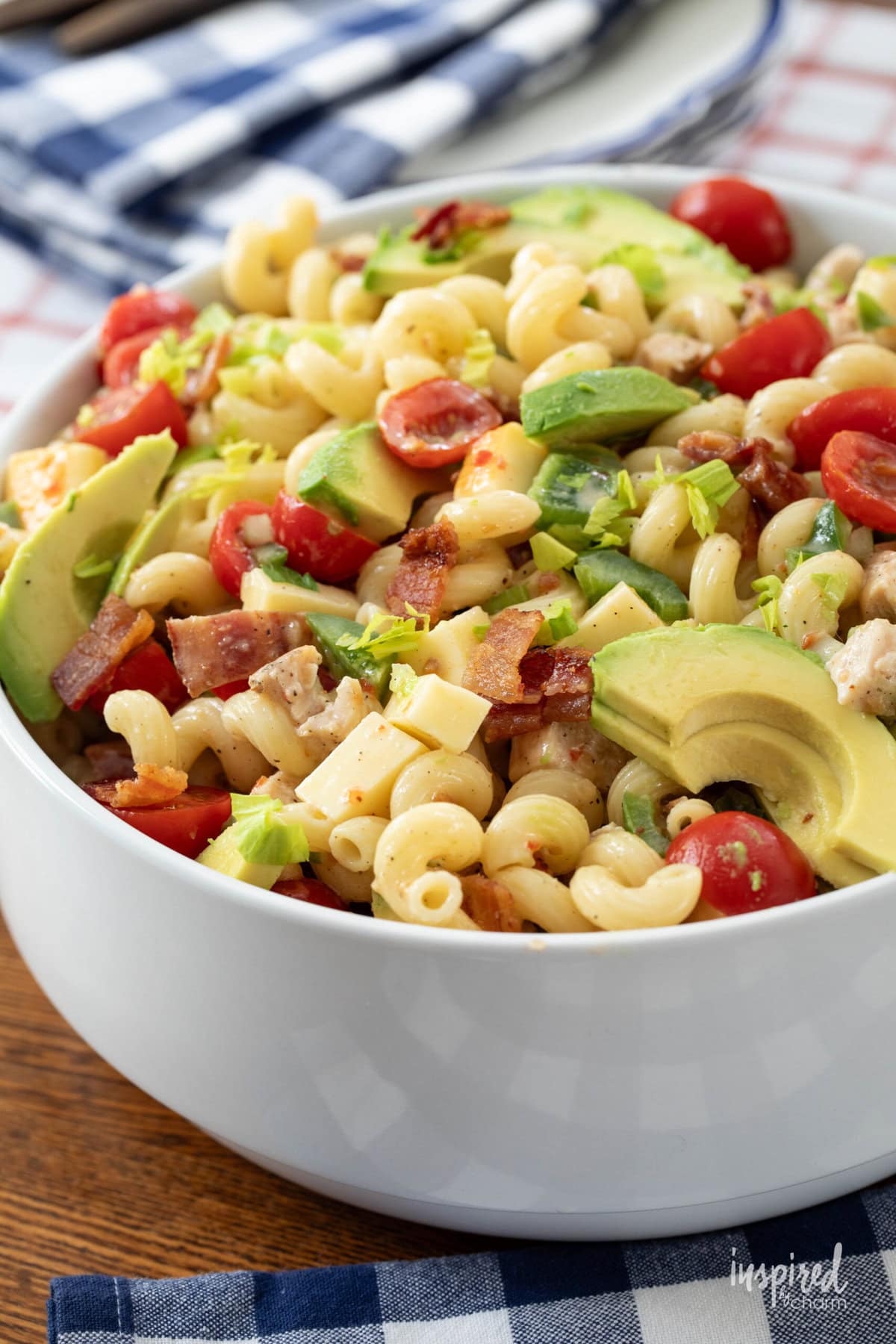 Chicken Club Pasta Salad in a big white bowl.