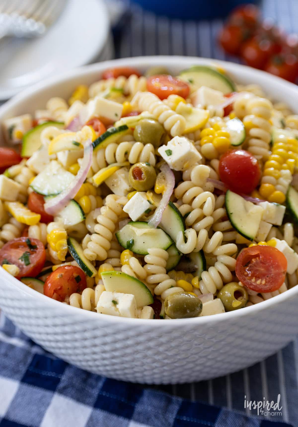Farmers Market Pasta Salad in a large white bowl.