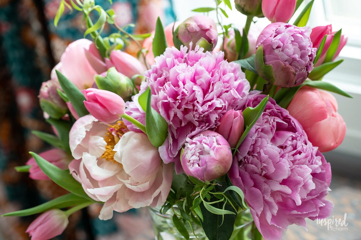 close of of peony arrangement