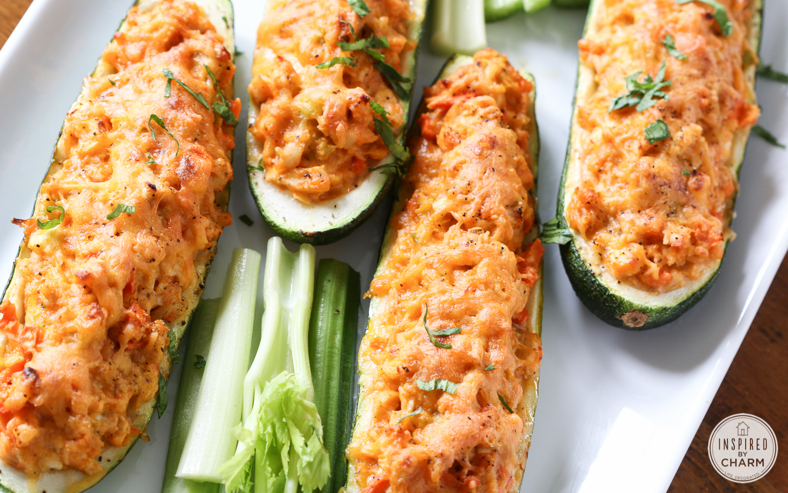Buffalo Chicken Stuffed Zucchini Boats