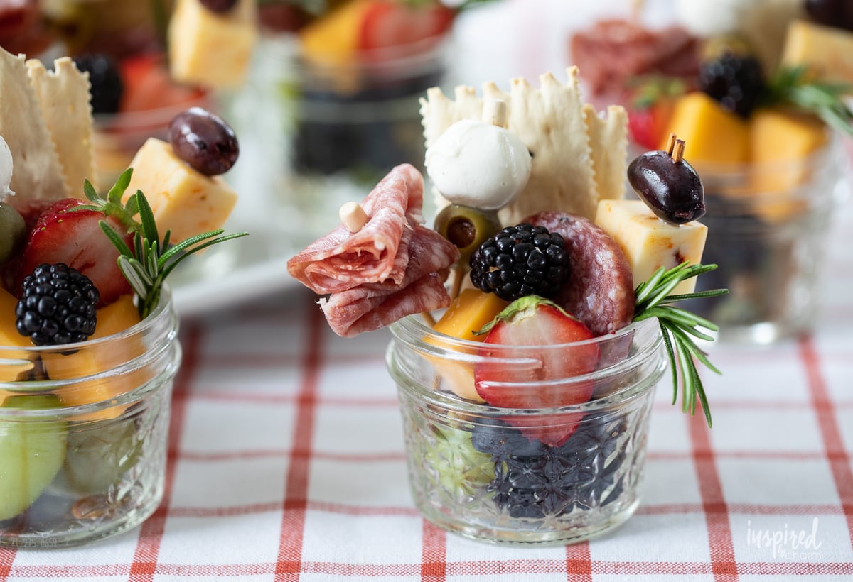 Jarcuterie on checkered tablecloth