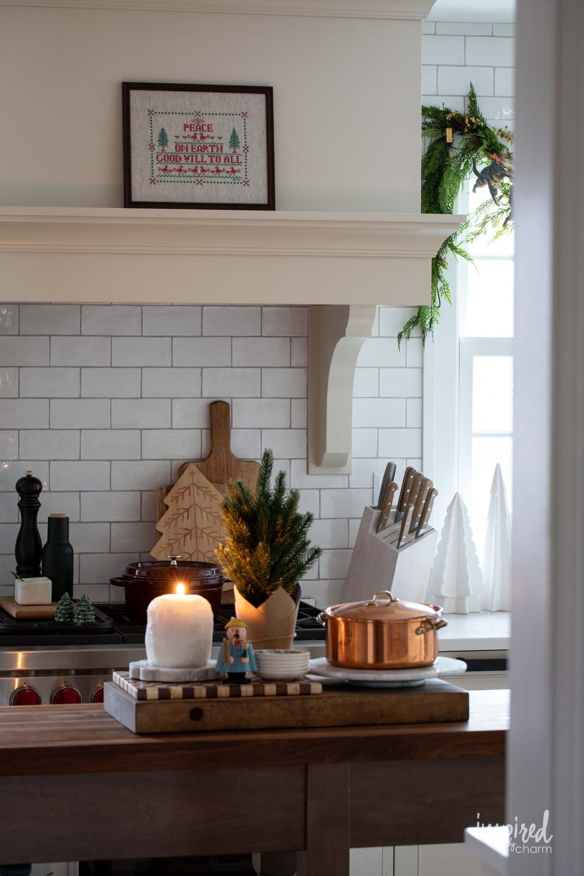 kitchen with touches of christmas decor.