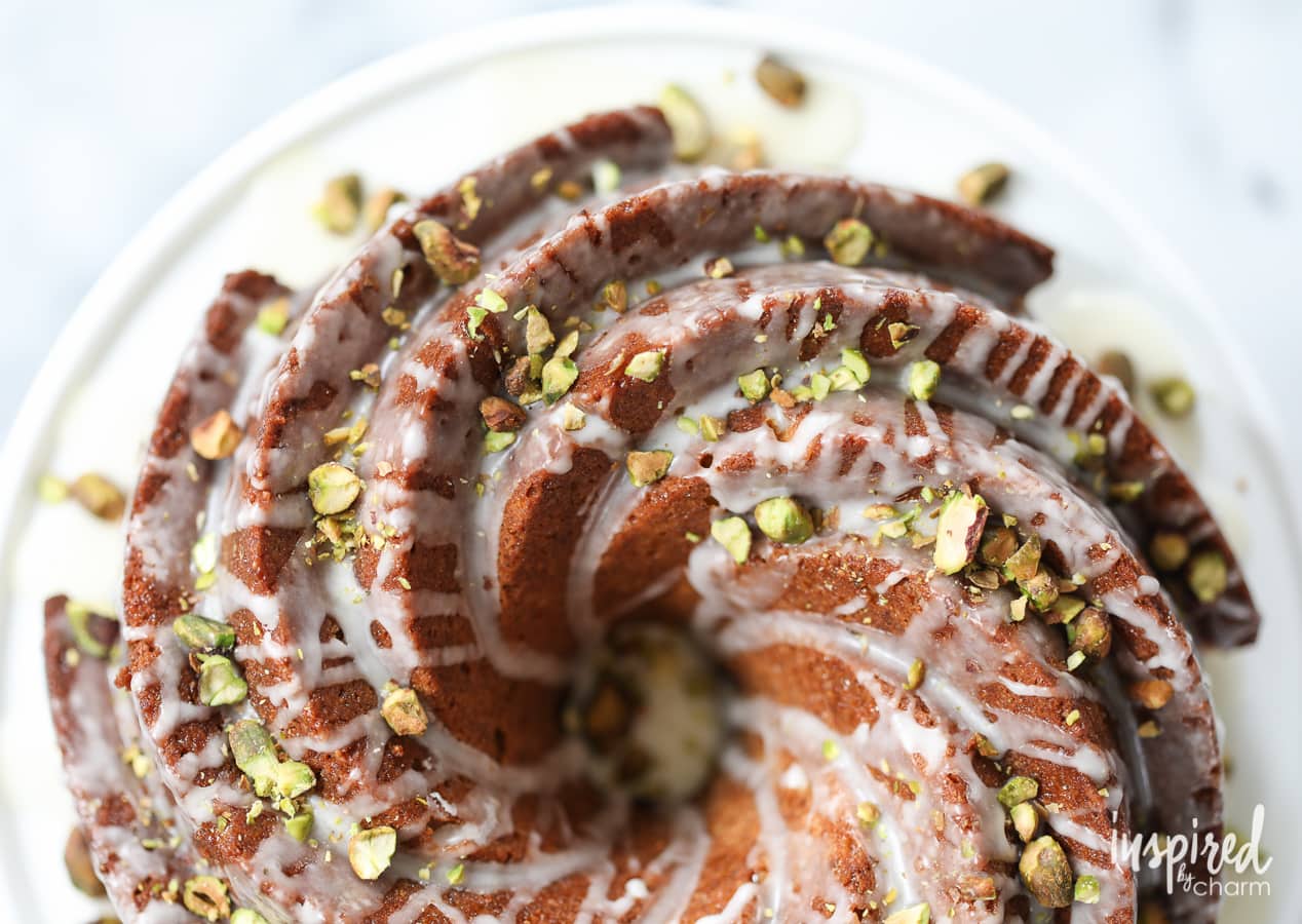 Lemon Pistachio Bundt Cake dessert recipe for St. Patrick's Day, Spring, or Easter.