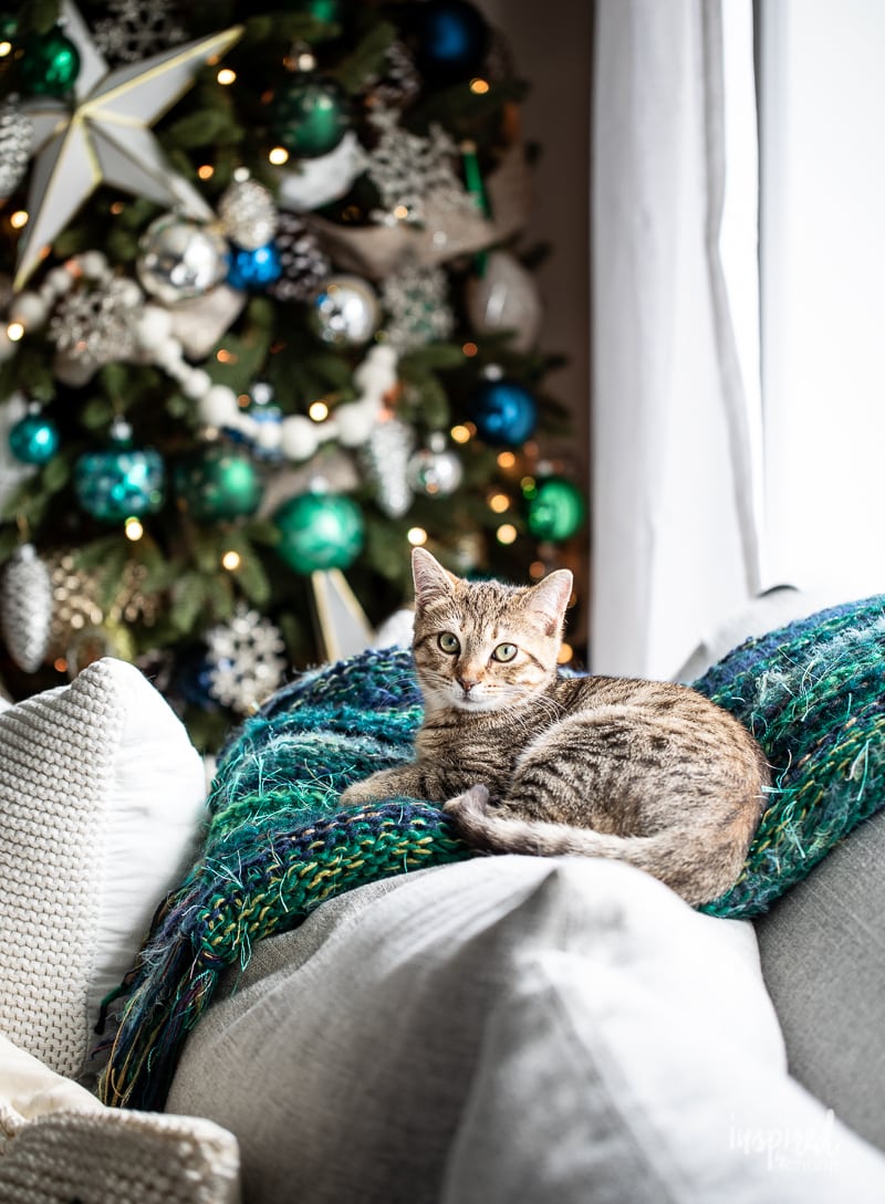 Blue, Green, and White Living Room Christmas Tree #christmastree #christmas #holiday #tree #decor #decorating #livingroom #christmasdecor