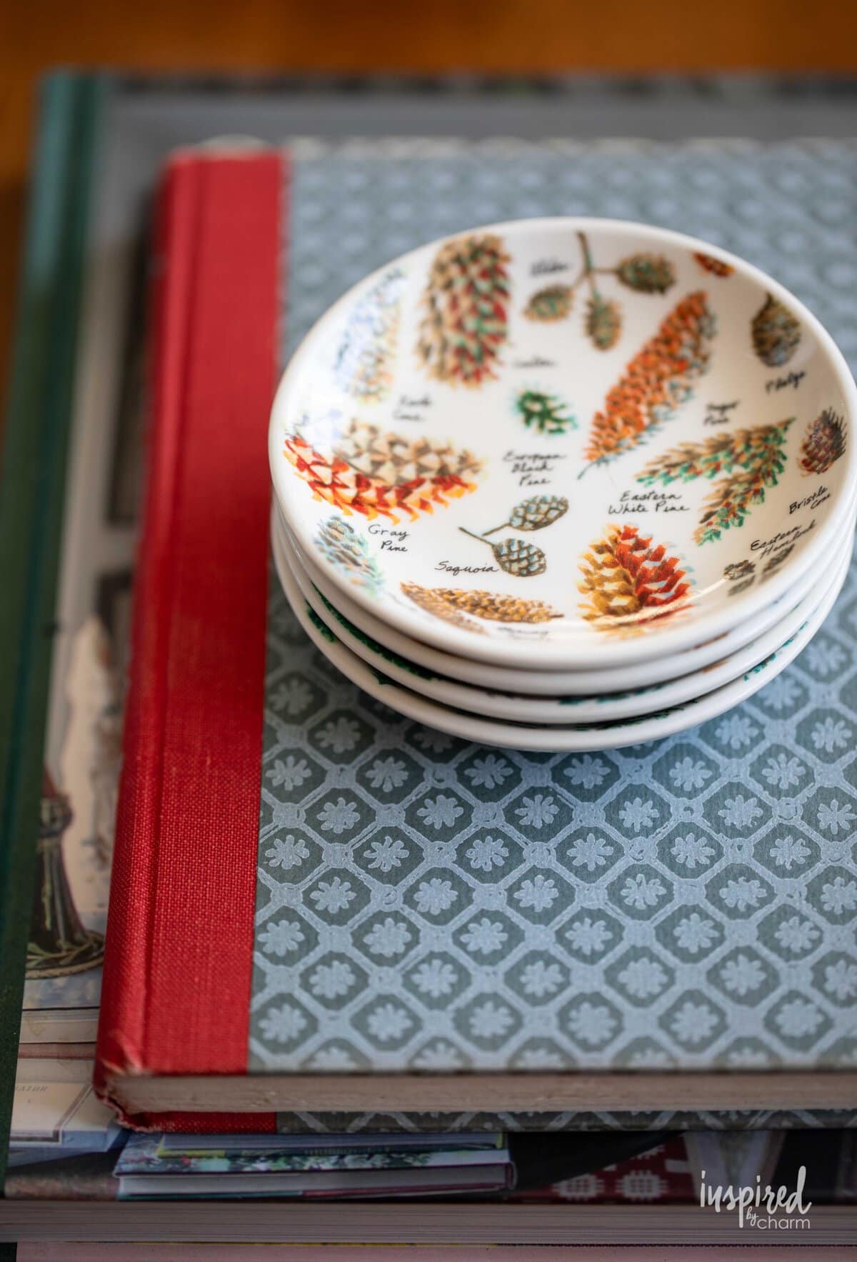 stack of books with vintage plates. 