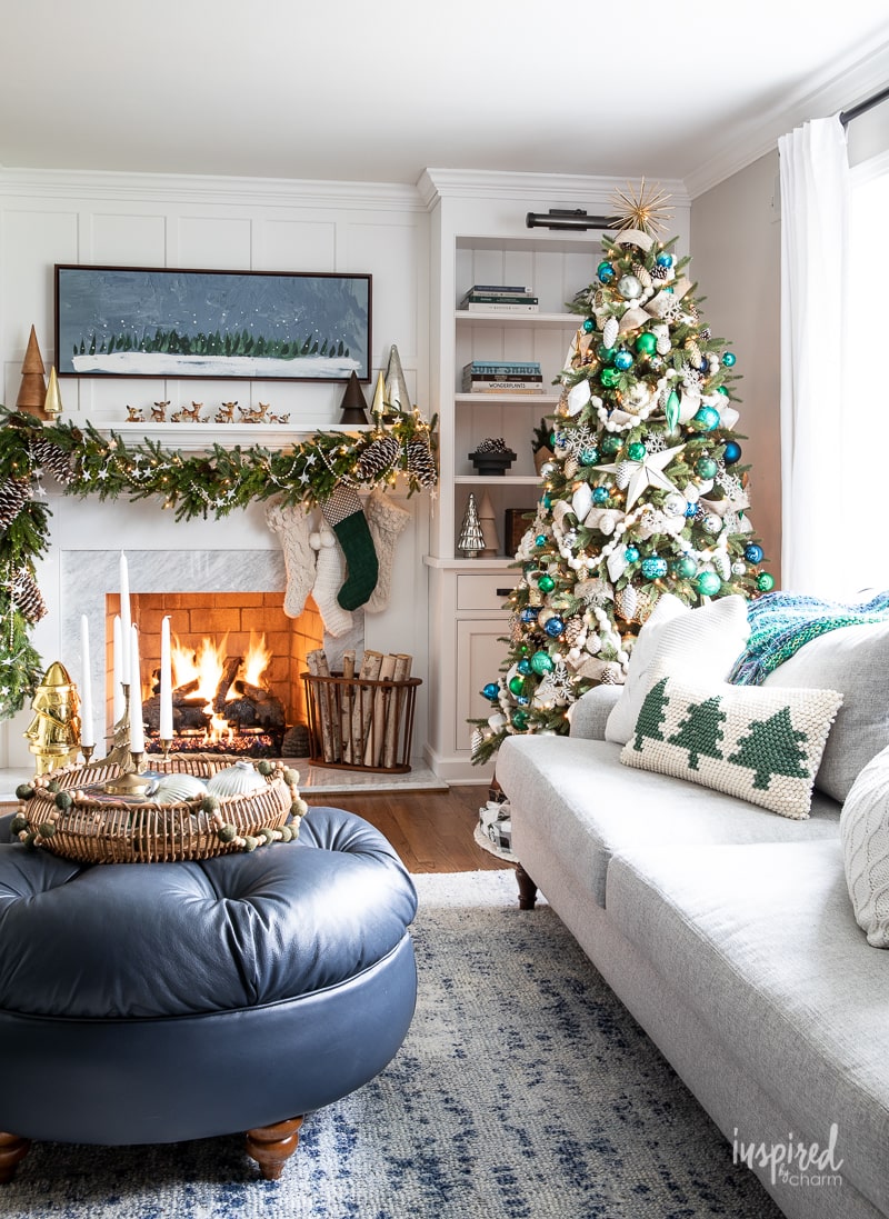Blue, Green, and White Living Room Christmas Tree #christmastree #christmas #holiday #tree #decor #decorating #livingroom #christmasdecor
