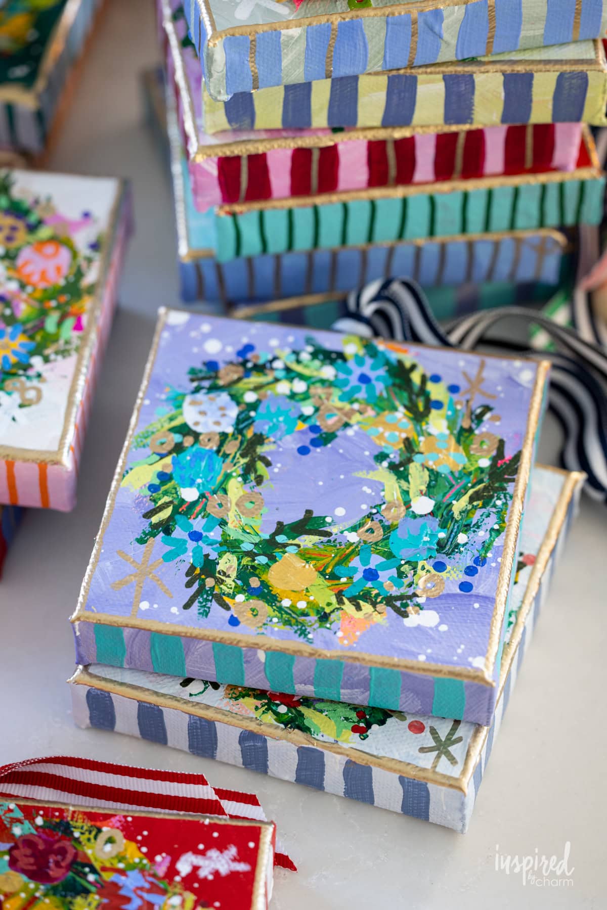 blue and purple christmas wreath painting.