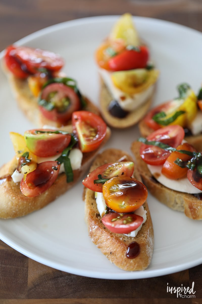 Mozzarella Caprese Crostini on a plate.