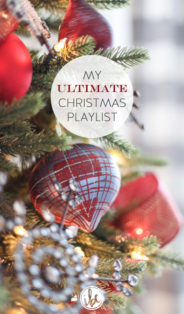 My Ultimate Christmas Music Playlist with an ornament hung on tree. 