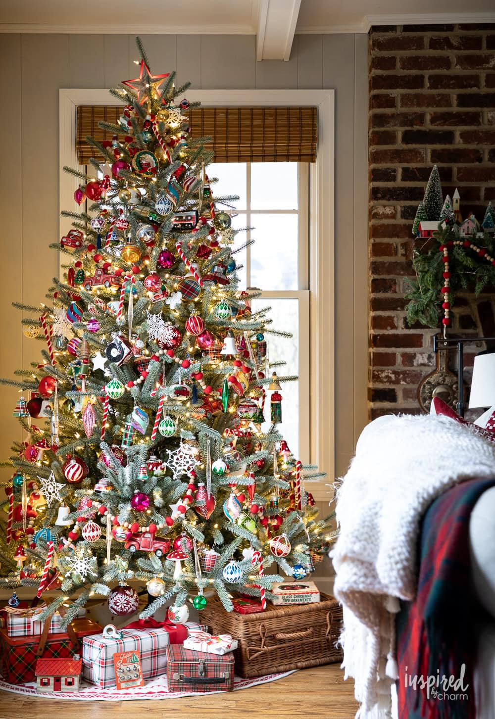 colorful christmas tree with vintage ornaments