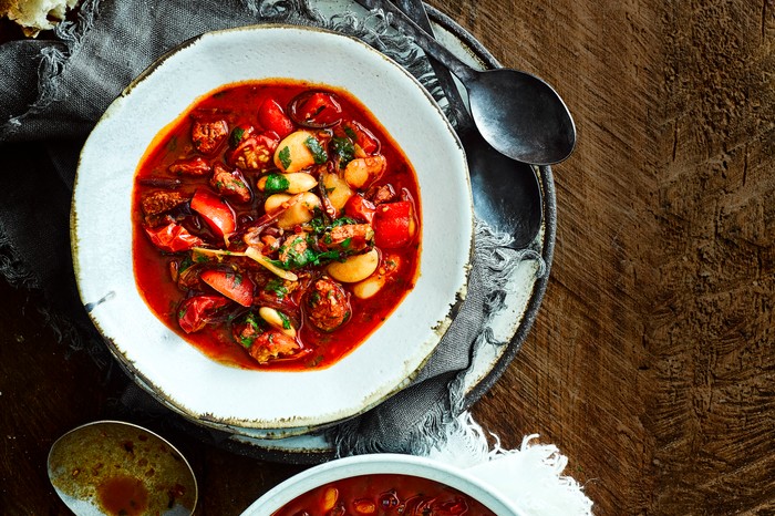 Chorizo and Bean Stew in a White Bowl