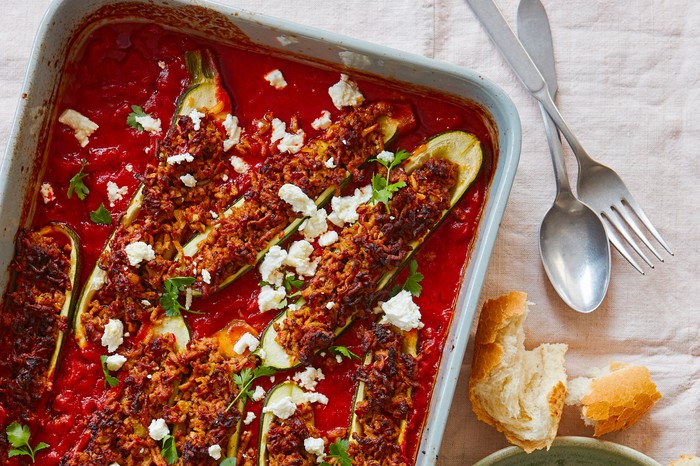 Harissa Lamb-Stuffed Courgettes in Tomato Sauce