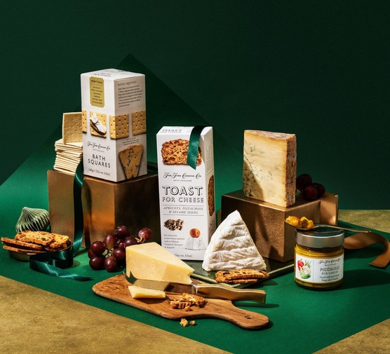 A hamper featuring British cheese and accompaniments