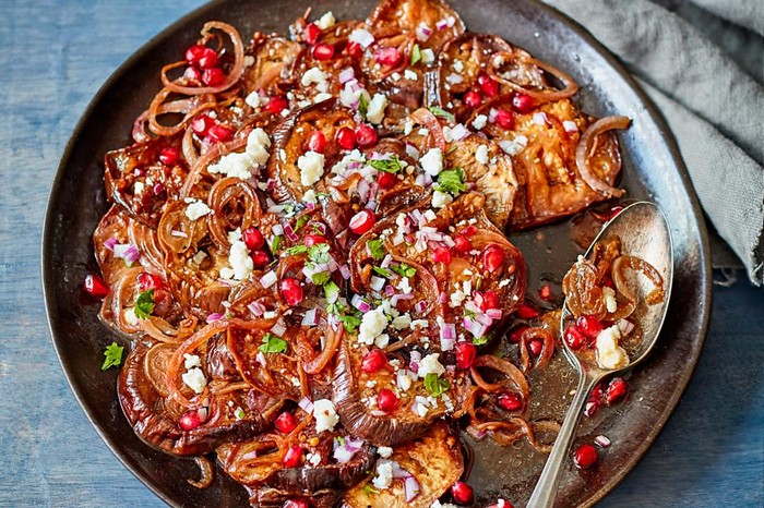 Warm aubergine, pomegranate and onion salad