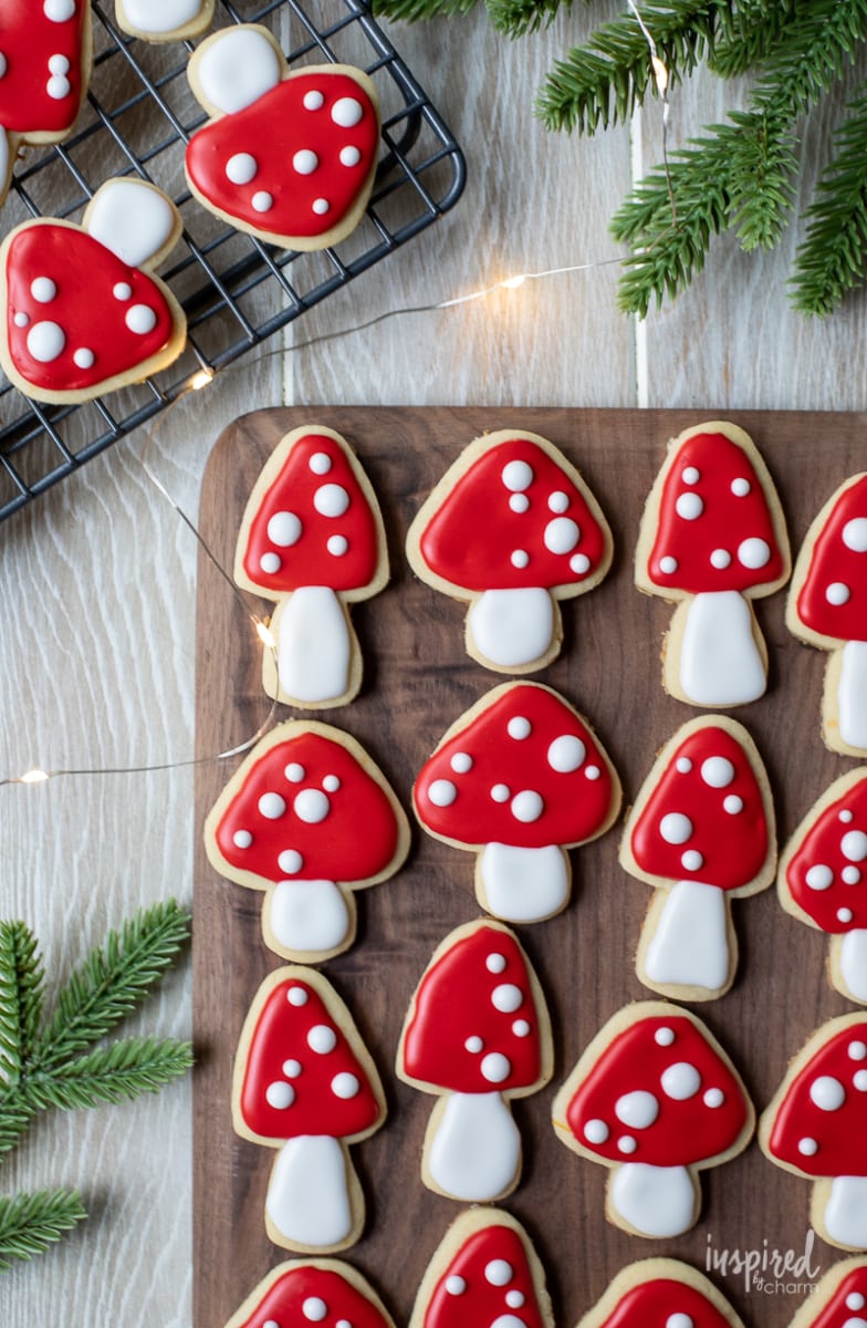 mushroom shaped sugar cookies on a platter