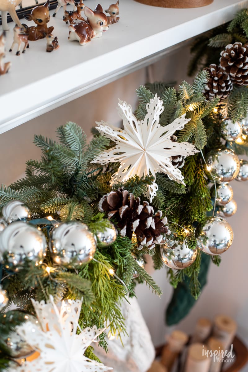 Winter Wonderland Christmas Mantel garland with paper snowflake.