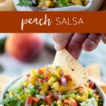 Spicy Peach Salsa in a bowl with tortilla chips.