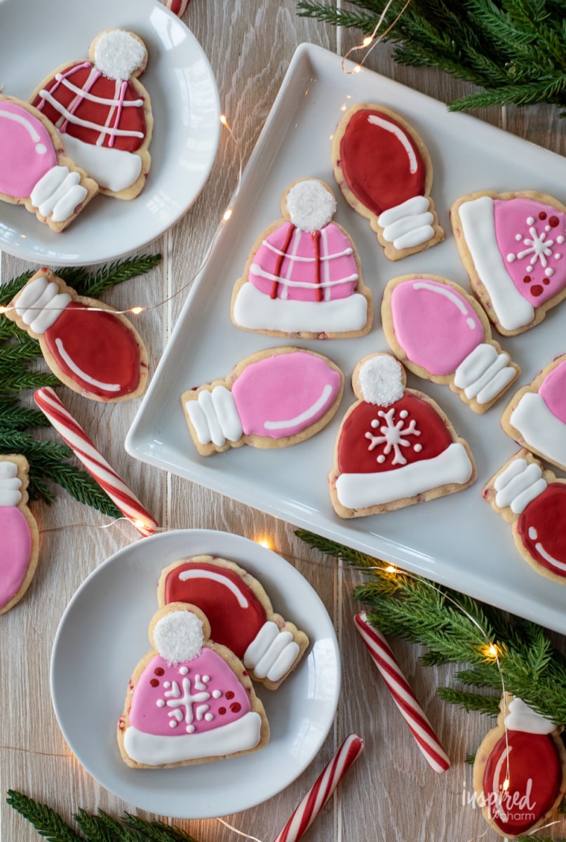 peppermint sugar cookies shaped like winter hats and Christmas lights