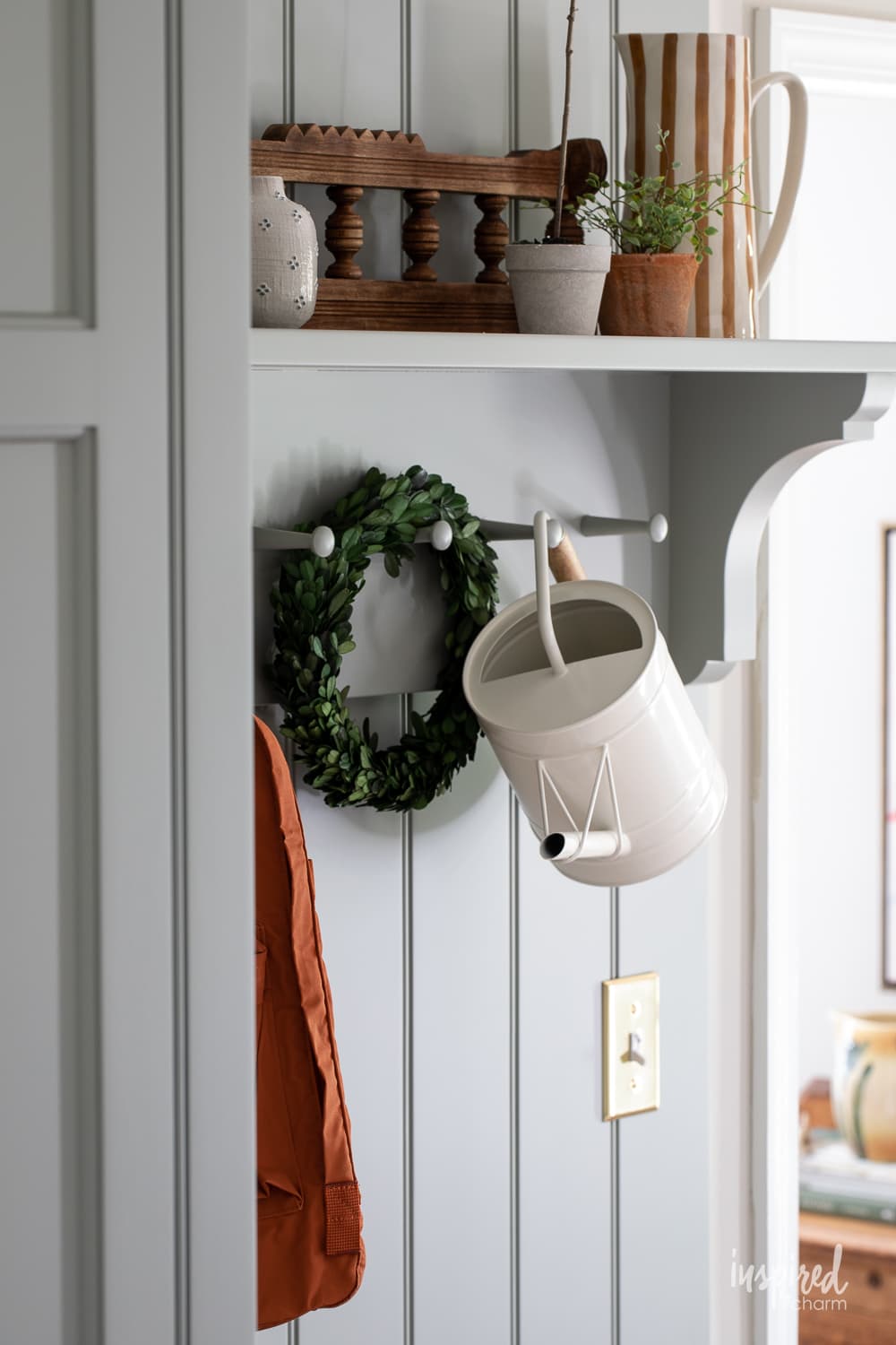 farrow and ball pigeon painted on shelves and bead board