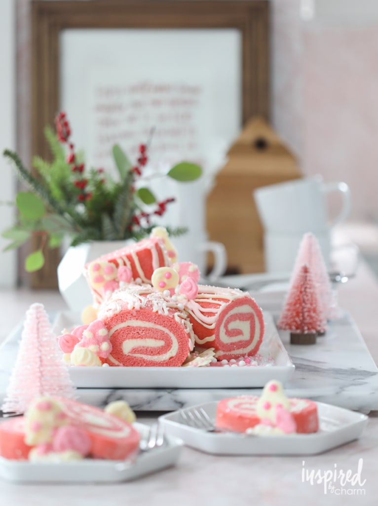 This Pink Velvet Yule Log is a unique and delicious Christmas dessert idea. #holiday #yulelog #christmas #dessert #pink #recipe