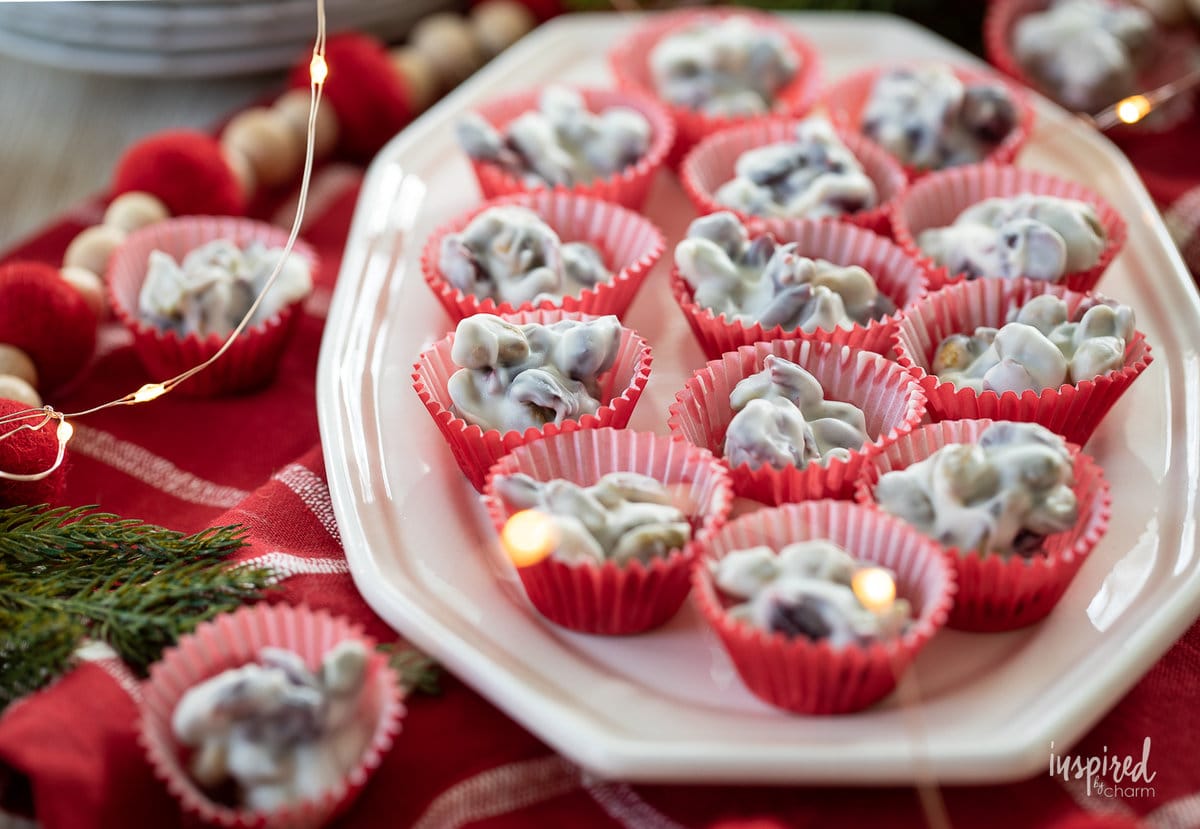 Pistachio Cranberry White Chocolate Candy on a plate.