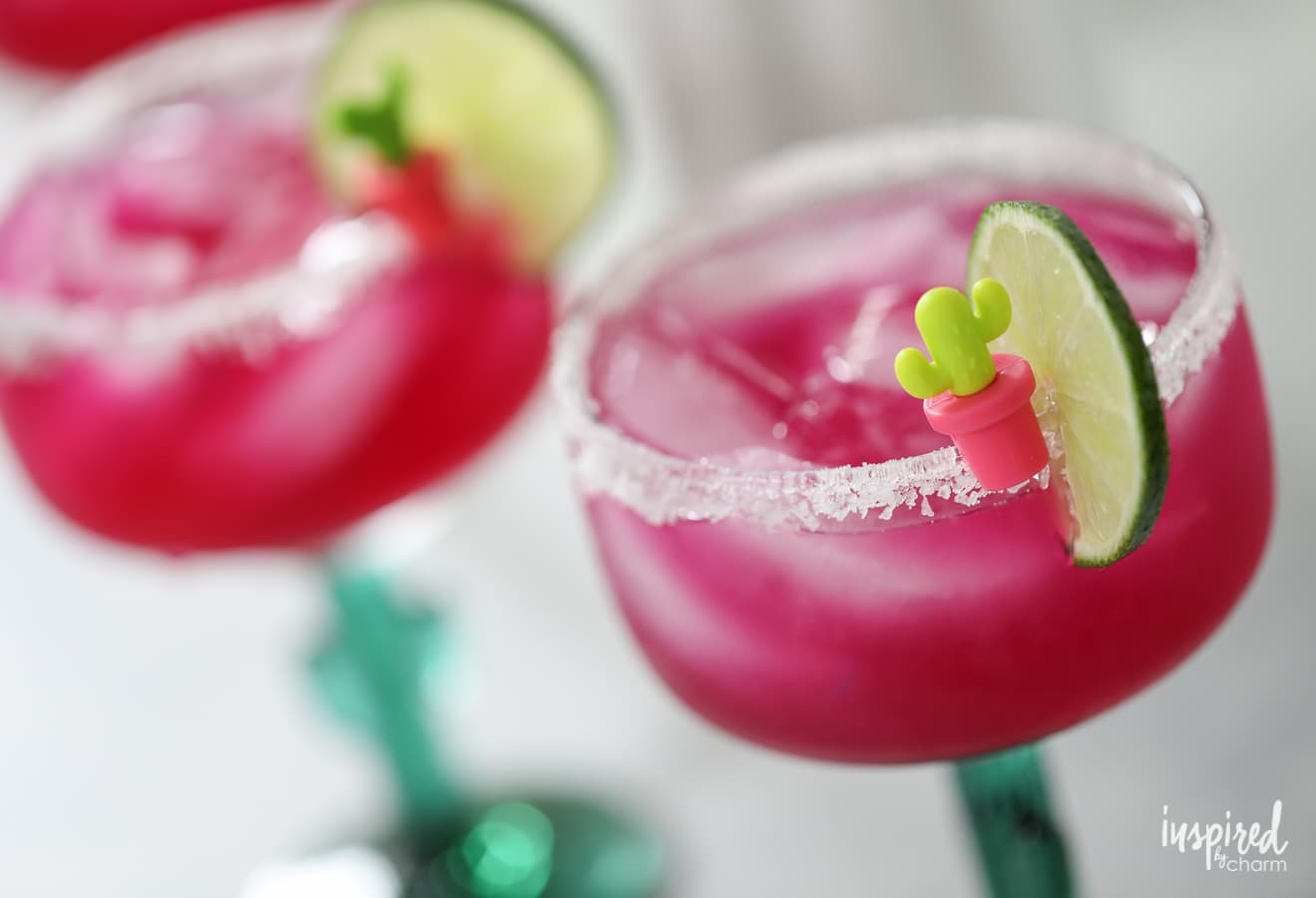 Celebrate with this unique and colorful cocktail: a Prickly Pear Margarita recipe served in a cactus glass. | Inspired by Charm
