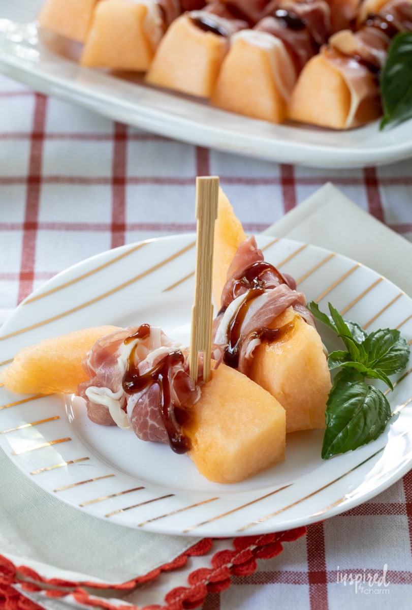 Prosciutto Melon Bites on white plate.