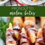 Prosciutto Melon Bites on white platter.