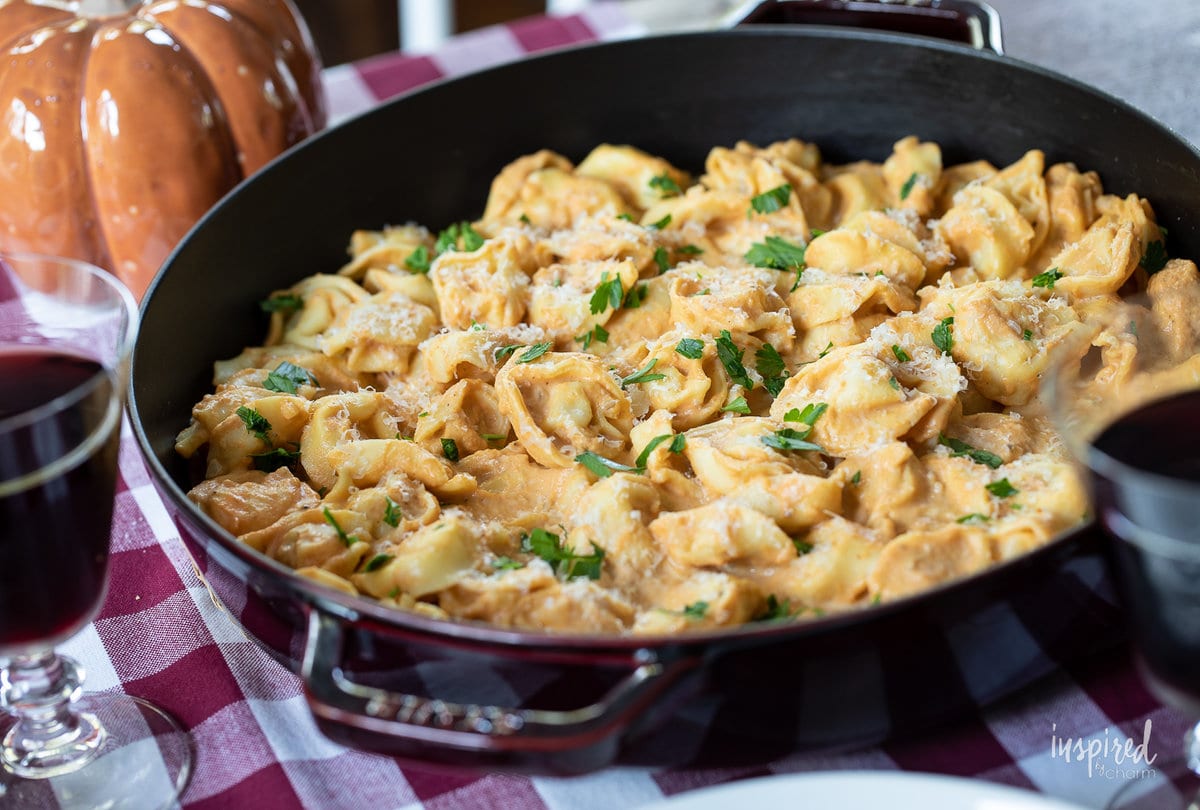 Creamy Pumpkin Tortellini in a pan.