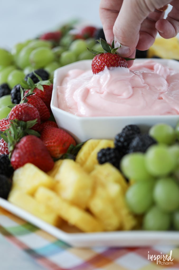 5-minute fruit dip next to strawberries, grapes, pineapple and other fruit