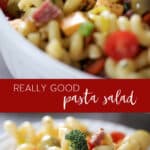 really good pasta salad in a bowl and served on a small plate.