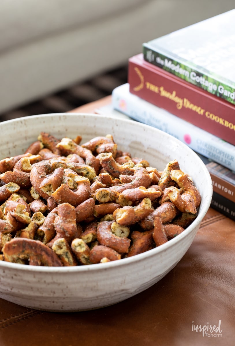 Really Good Seasoned Pretzels in a big bowl on a coffee table. 