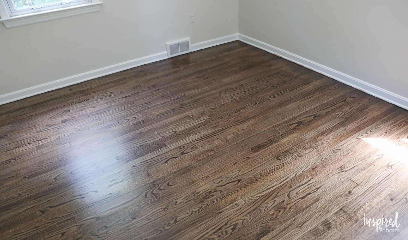 Refinished Hardwood Floors with Dark Walnut Stain and Satin Poly Finish
